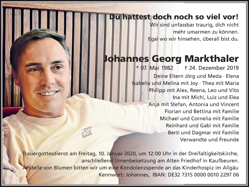  Traueranzeige für Johannes Georg Markthaler vom 31.12.2019 aus Allgäuer Zeitung, Kaufbeuren/Buchloe