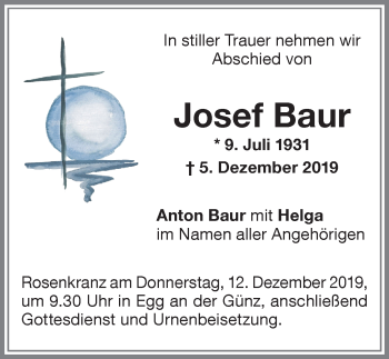Traueranzeige von Josef Baur von Memminger Zeitung