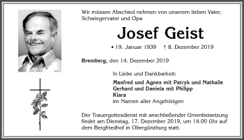 Traueranzeige von Josef Geist von Allgäuer Zeitung, Marktoberdorf
