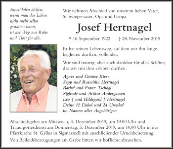 Traueranzeige von Josef Hertnagel von Der Westallgäuer