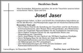 Traueranzeige von Josef Jaser von Allgäuer Zeitung, Kaufbeuren/Buchloe