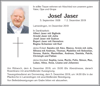 Traueranzeige von Josef Jaser von Allgäuer Zeitung, Kaufbeuren/Buchloe