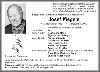 Traueranzeige von Josef Megele von Allgäuer Zeitung, Kaufbeuren/Buchloe