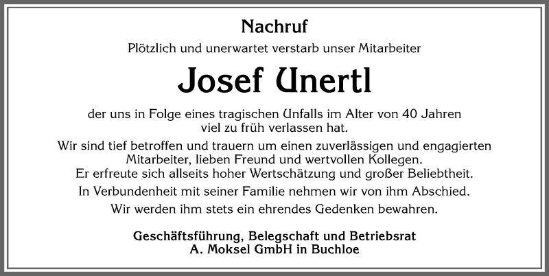  Traueranzeige für Josef Unertl vom 20.12.2019 aus Allgäuer Zeitung, Kaufbeuren/Buchloe