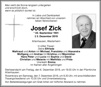 Traueranzeige von Josef Zick von Memminger Zeitung