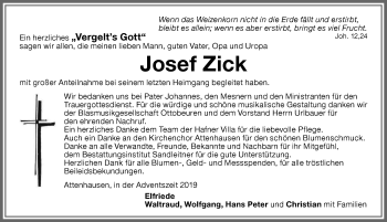 Traueranzeige von Josef Zick von Memminger Zeitung