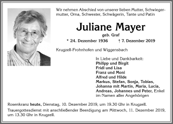 Traueranzeige von Juliane Mayer von Allgäuer Zeitung,Kempten