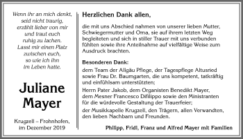 Traueranzeige von Juliane Mayer von Allgäuer Zeitung,Kempten