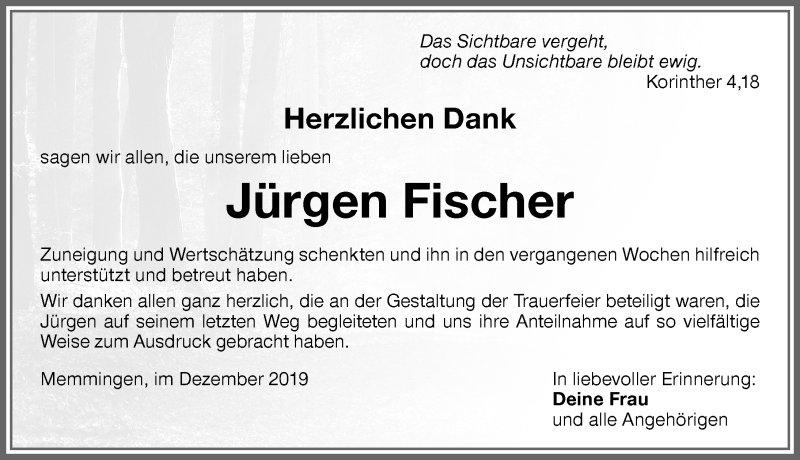  Traueranzeige für Jürgen Fischer vom 07.12.2019 aus Memminger Zeitung