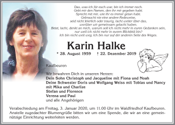 Traueranzeige von Karin Halke von Allgäuer Zeitung, Kaufbeuren/Buchloe