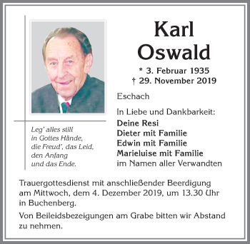 Traueranzeige von Karl Oswald von Allgäuer Zeitung,Kempten