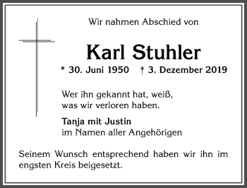 Traueranzeige von Karl Stuhler von Allgäuer Zeitung,Kempten