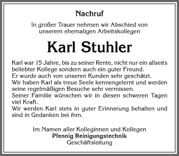 Traueranzeige von Karl Stuhler von Allgäuer Zeitung,Kempten