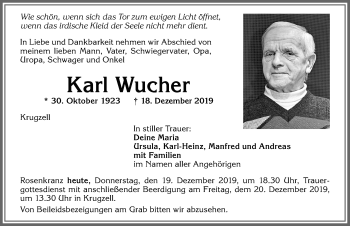 Traueranzeige von Karl Wucher von Allgäuer Zeitung,Kempten