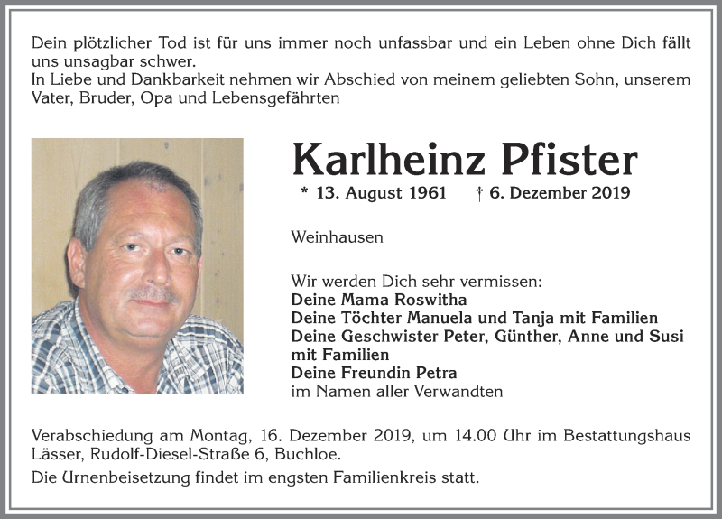  Traueranzeige für Karlheinz Pfister vom 11.12.2019 aus Allgäuer Zeitung