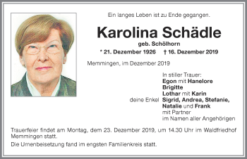 Traueranzeige von Karolina Schädle von Memminger Zeitung