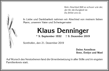 Traueranzeige von Klaus Denninger von Allgäuer Anzeigeblatt