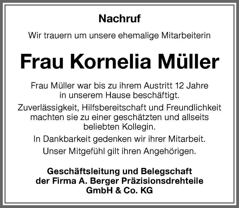  Traueranzeige für Kornelia Müller vom 06.12.2019 aus Memminger Zeitung