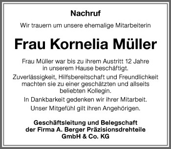Traueranzeige von Kornelia Müller von Memminger Zeitung