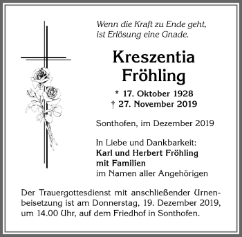 Traueranzeige von Kreszentia Fröhling von Allgäuer Anzeigeblatt