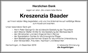 Traueranzeige von Kreszenzia Baader von Memminger Zeitung