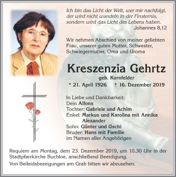 Traueranzeige von Kreszenzia Gehrtz von Allgäuer Zeitung, Kaufbeuren/Buchloe
