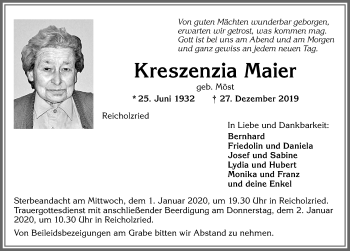 Traueranzeige von Kreszenzia Maier von Allgäuer Zeitung,Kempten