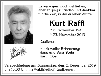 Traueranzeige von Kurt Raffl von Allgäuer Zeitung, Kaufbeuren/Buchloe
