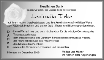 Traueranzeige von Leokadia Tirke von Allgäuer Zeitung, Füssen