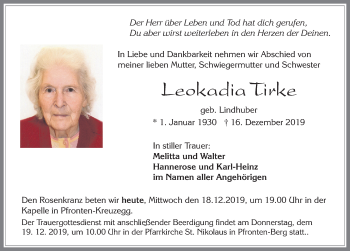 Traueranzeige von Leokadia Tirke von Allgäuer Zeitung, Füssen