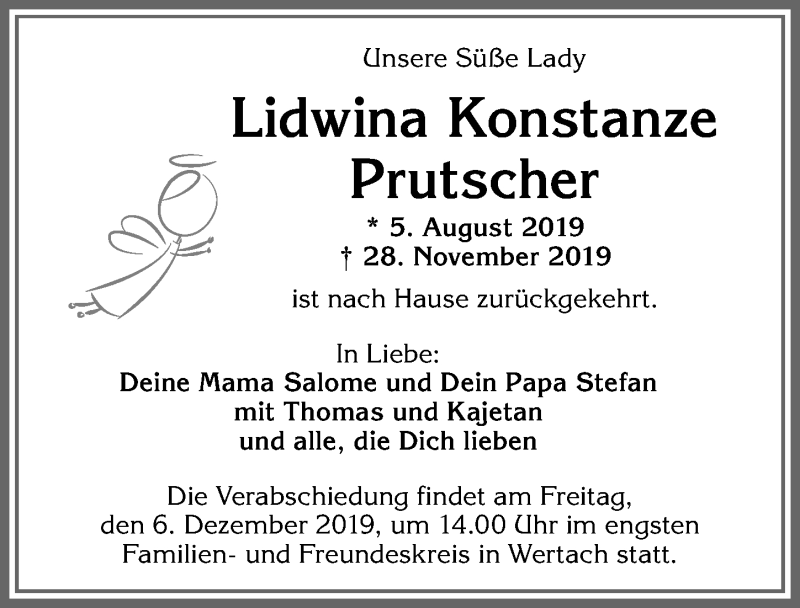  Traueranzeige für Lidwina Konstanze Prutscher vom 05.12.2019 aus Allgäuer Anzeigeblatt