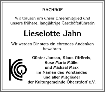 Traueranzeige von Lieselotte Jahn von Allgäuer Anzeigeblatt