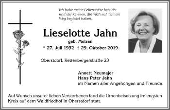 Traueranzeige von Lieselotte Jahn von Allgäuer Anzeigeblatt