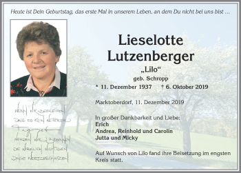 Traueranzeige von Lieselotte Lutzenberger von Allgäuer Zeitung