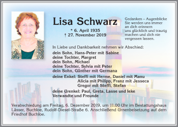 Traueranzeige von Lisa Schwarz von Allgäuer Zeitung, Kaufbeuren/Buchloe