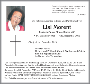 Traueranzeige von Lisl Morent von Allgäuer Anzeigeblatt