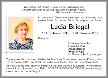 Traueranzeige von Lucia Briegel von Allgäuer Zeitung