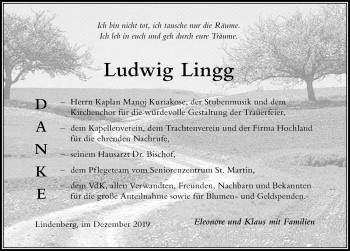 Traueranzeige von Ludwig Lingg von Der Westallgäuer