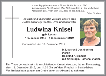 Traueranzeige von Ludwina Knisel von Allgäuer Anzeigeblatt