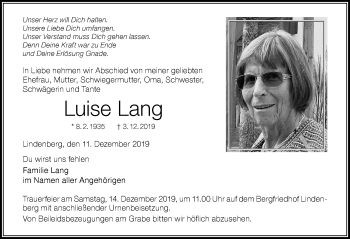 Traueranzeige von Luise Lang von Der Westallgäuer