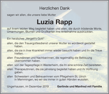 Traueranzeige von Luzia Rapp von Memminger Zeitung