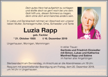 Traueranzeige von Luzia Rapp von Memminger Zeitung