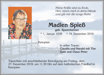 Traueranzeige von Madlen Spieß von Allgäuer Zeitung