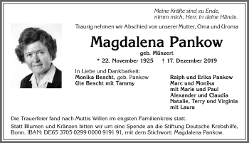 Traueranzeige von Magdalena Pankow von Allgäuer Zeitung, Kaufbeuren/Buchloe