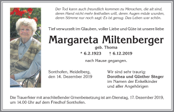 Traueranzeige von Margareta Miltenberger von Allgäuer Anzeigeblatt