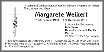 Traueranzeige von Margarete Weikert von Allgäuer Zeitung, Kaufbeuren/Buchloe