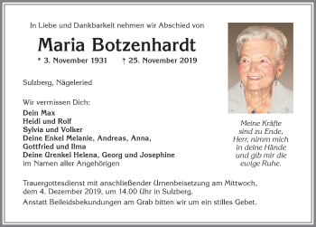 Traueranzeige von Maria Botzenhardt von Allgäuer Zeitung,Kempten
