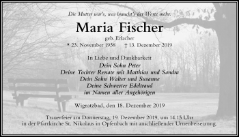 Traueranzeige von Maria Fischer von Der Westallgäuer
