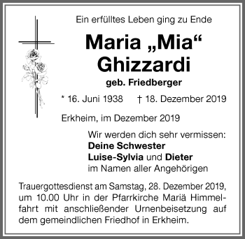 Traueranzeige von Maria Ghizzardi von Memminger Zeitung