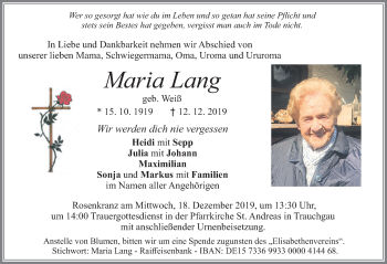 Traueranzeige von Maria Lang von Allgäuer Zeitung, Füssen